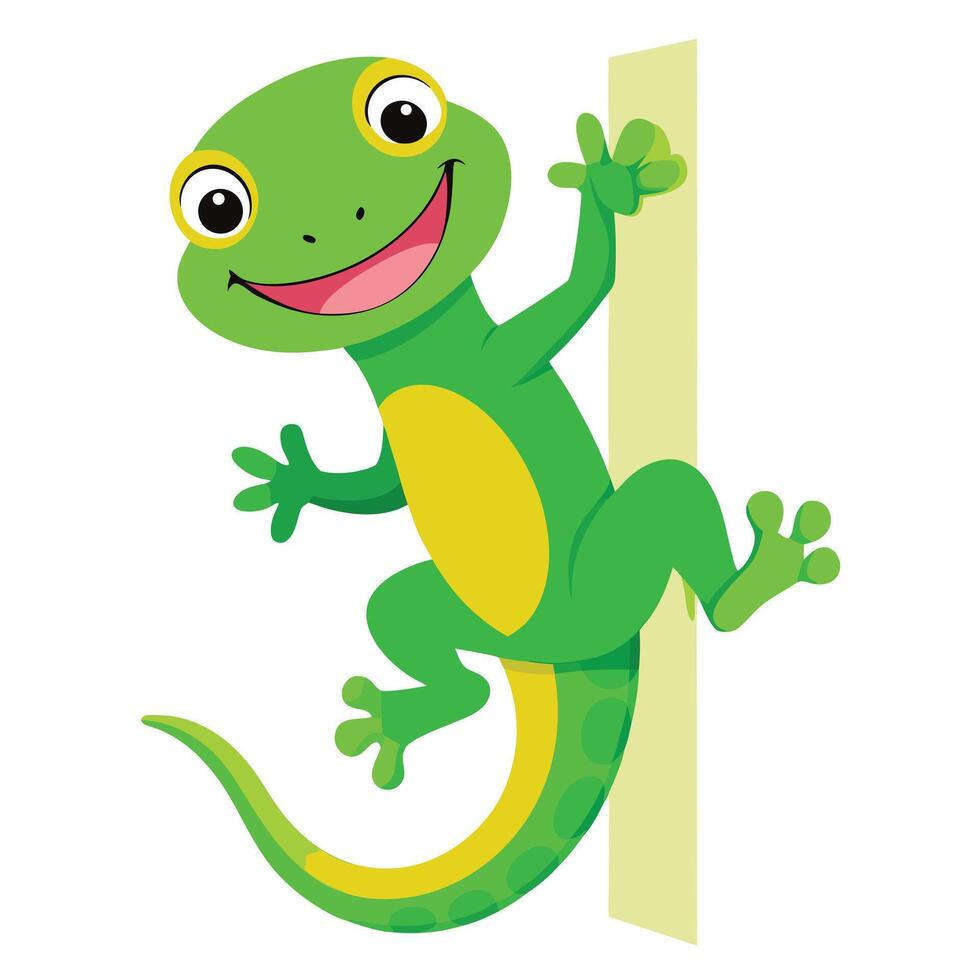 Silly funny gecko with a cheerful smiley face crawling up a surface vector
