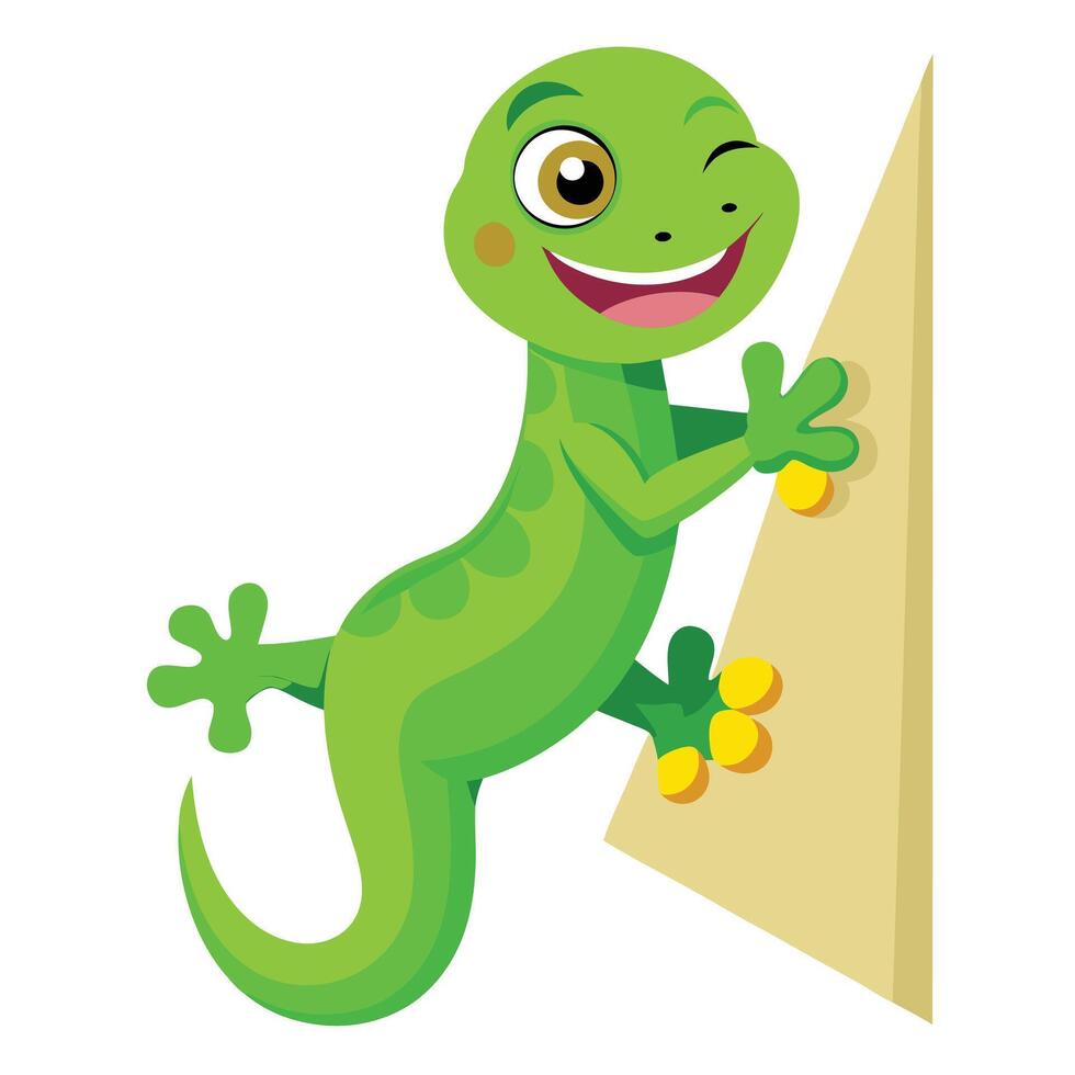 Goofy funny gecko with a wide grin climbing vertically on a wall vector