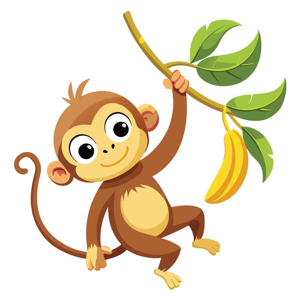 Amusing funny monkey swinging happily on a vine while holding a banana vector