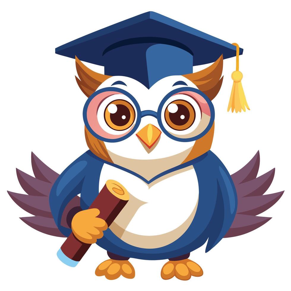 Goofy funny owl in a graduation hat holding a degree in its wing vector