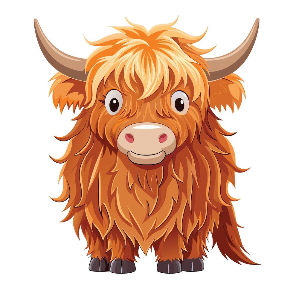 Adorable furry highland cow with long bangs covering its eyes adorably vector
