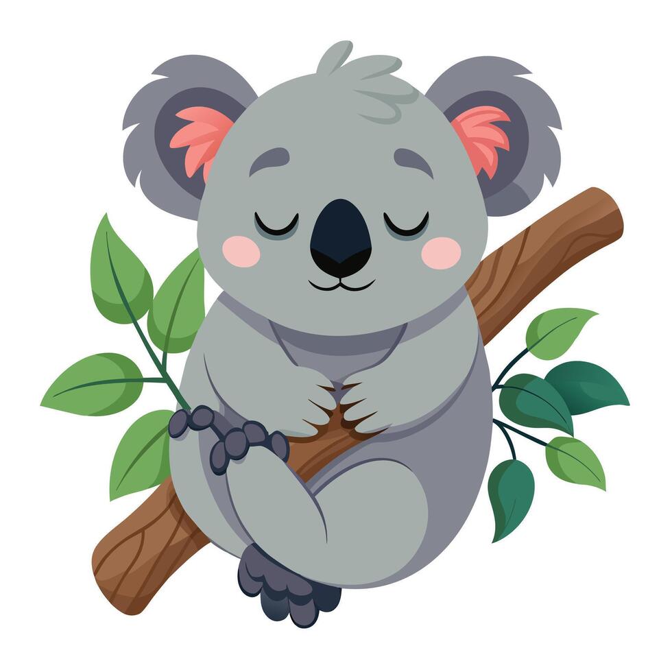 Cute furry koala with its arms wrapped around a branch taking a nap vector