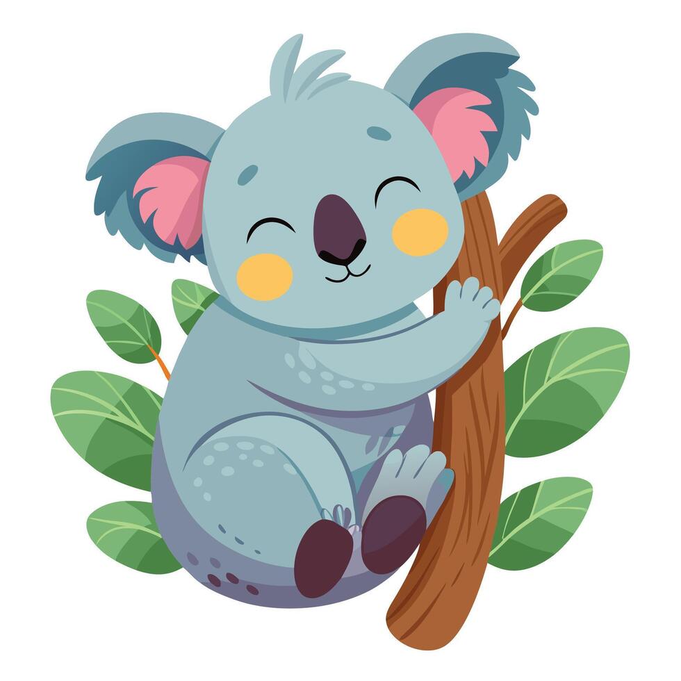 Adorable furry koala hugging a tree branch tightly while peacefully sleeping vector