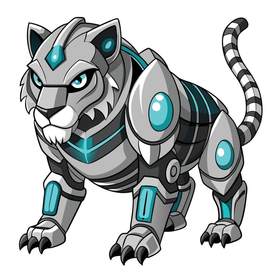 Robotic tiger with a metallic frame and vibrant neon accents illustration vector