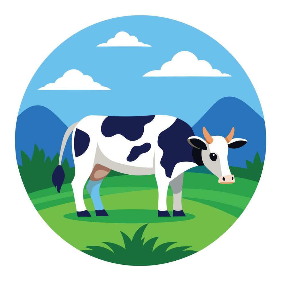 Serene cow feeding in a field with a blue sky above art vector