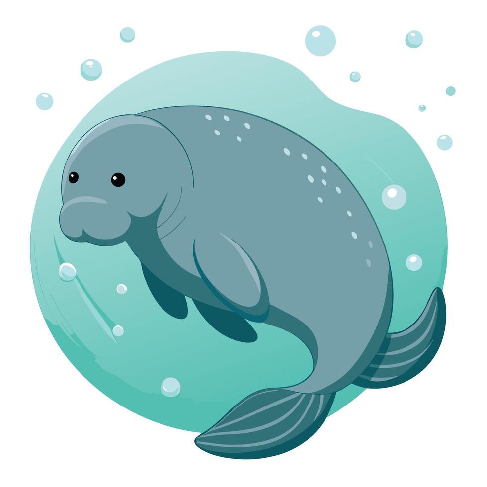 Serene manatee drifting underwater with bubbles rising illustration vector