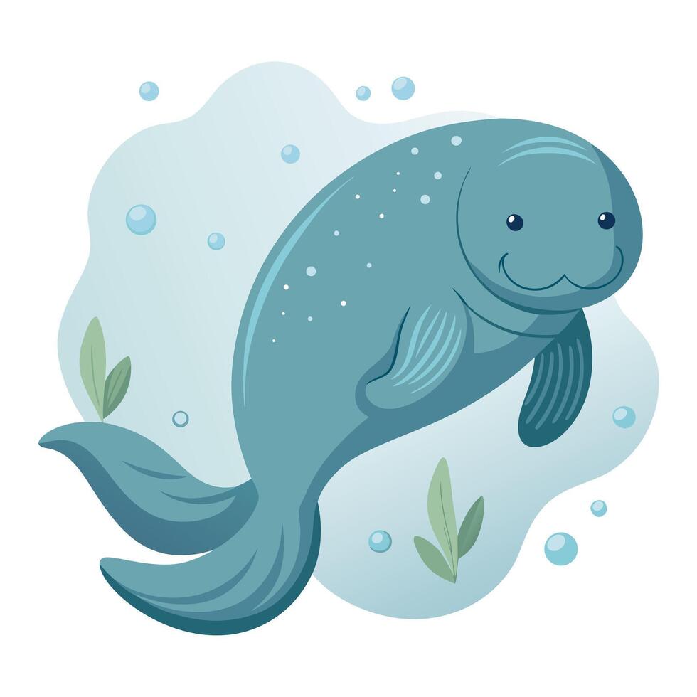Peaceful sea cow swimming underwater with air bubbles art vector
