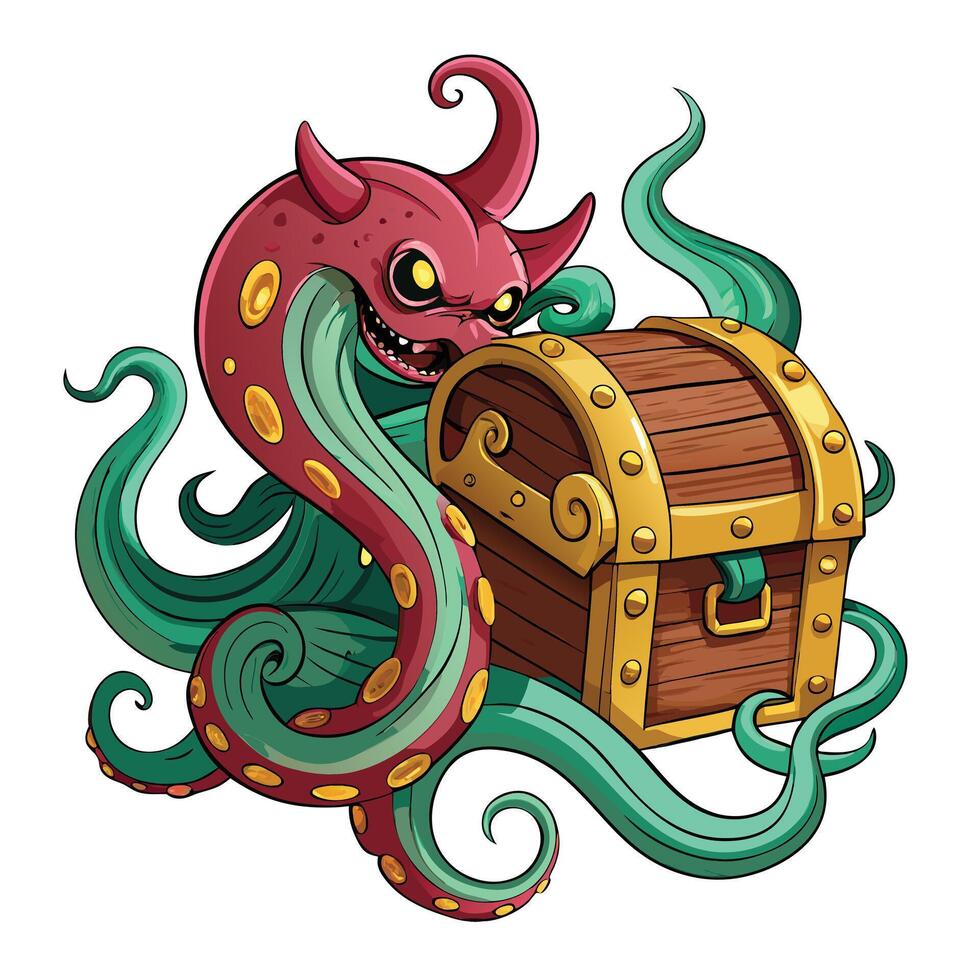 Massive octopus wrapping its arms around a treasure box art vector