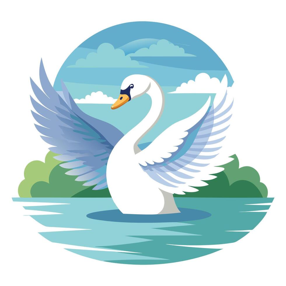 Graceful swan spreading its wings on a calm lake illustration vector