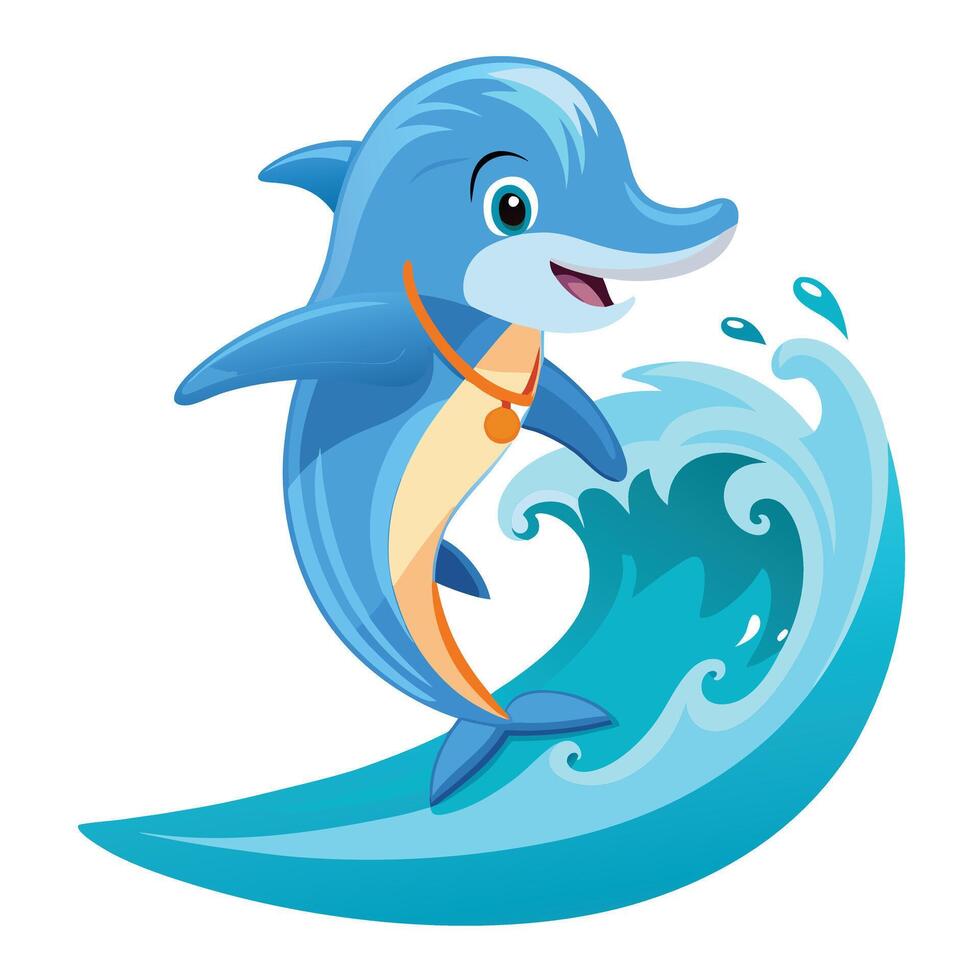 Joyful happy dolphin riding a surfboard on a giant ocean wave with excitement vector