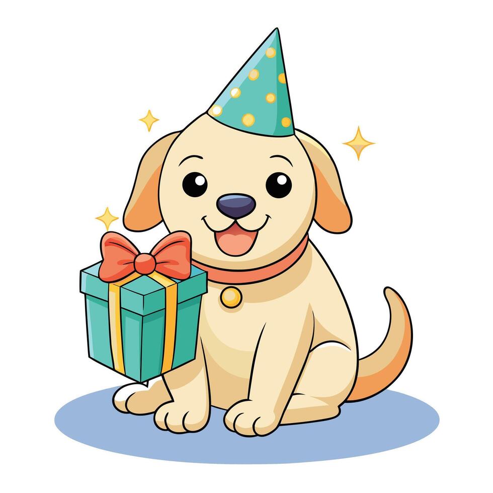 Joyful happy lab puppy with a birthday hat holding a colorful gift box vector