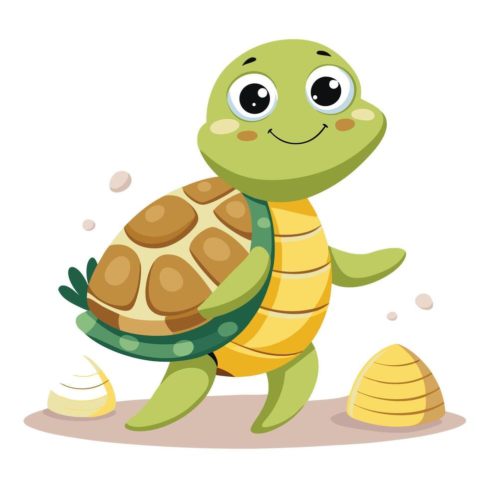 Comical happy tortoise trying to balance a tower of tiny shells on its head vector