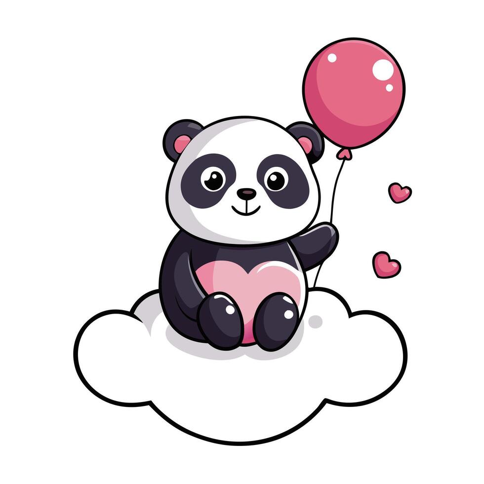 Cute kawaii panda holding a lovely heart balloon while sitting happily in vector