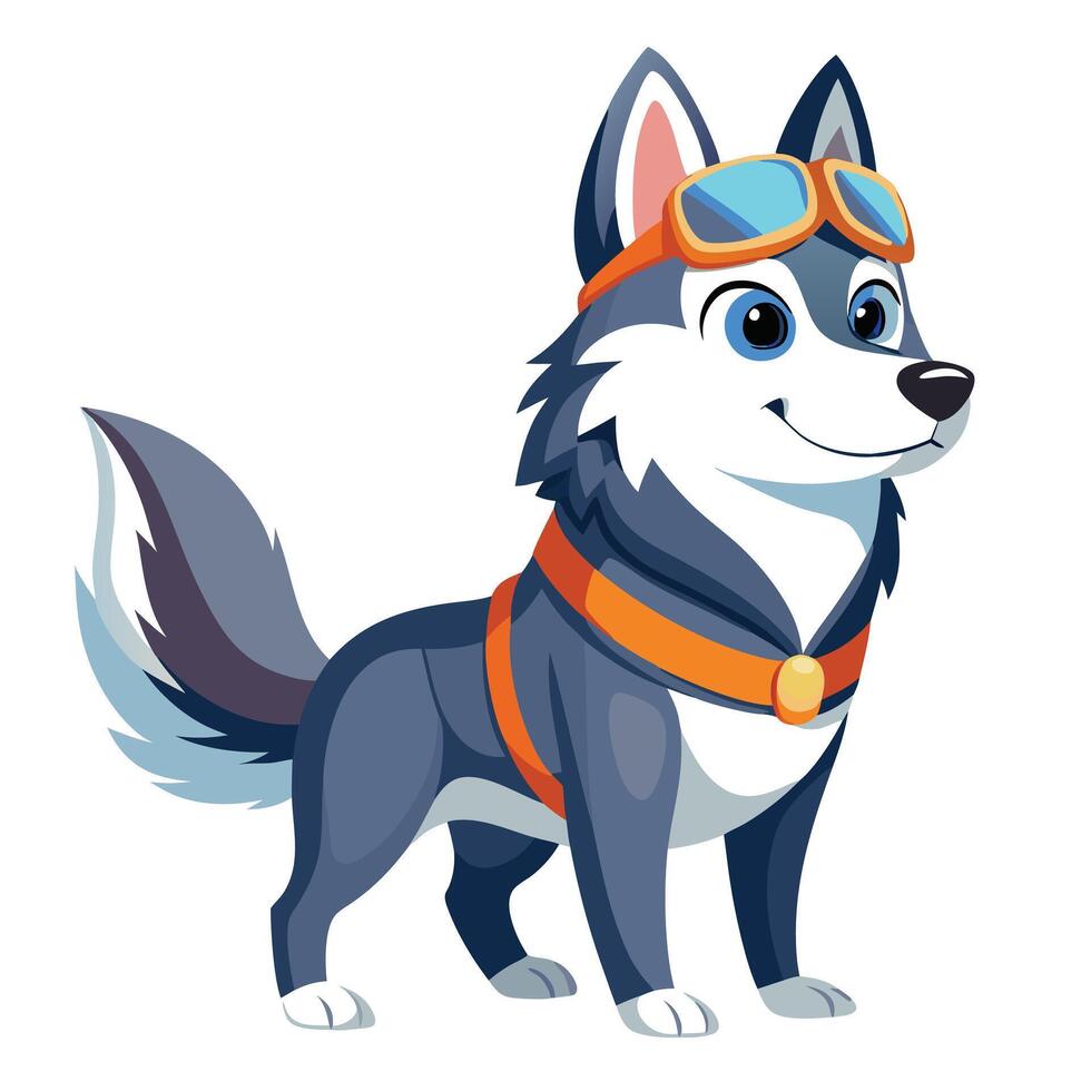 Happy husky dog wearing goggles and anticipating a thrilling winter escapade vector