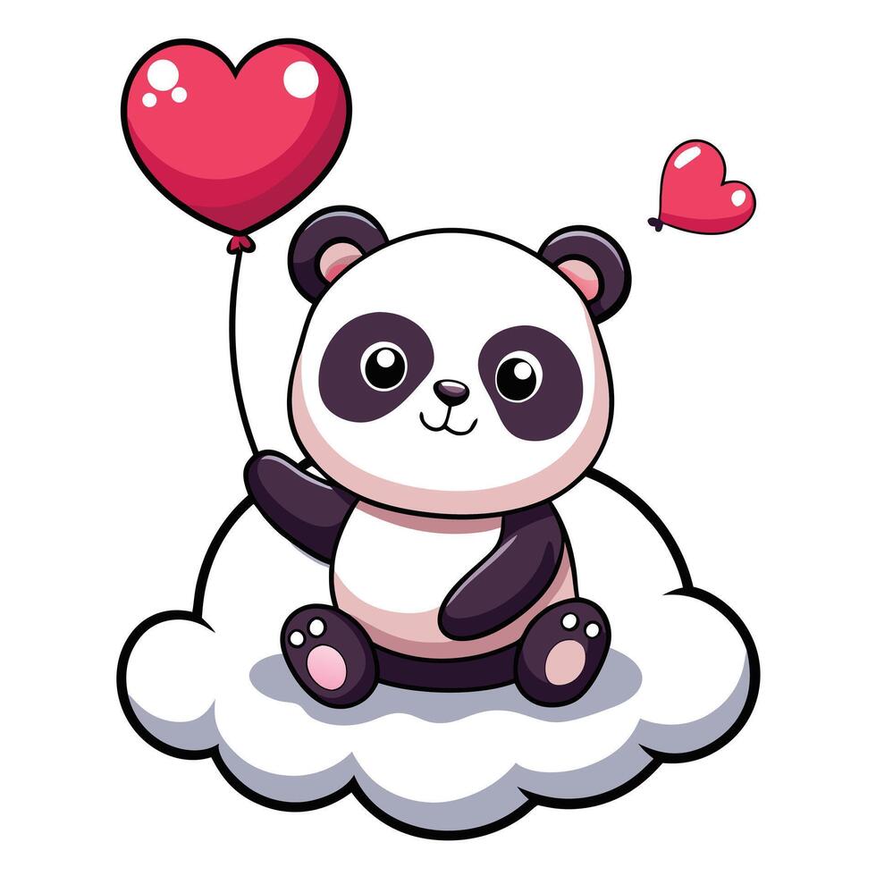 Adorable kawaii panda with a red heart balloon sitting cutely and smiling vector