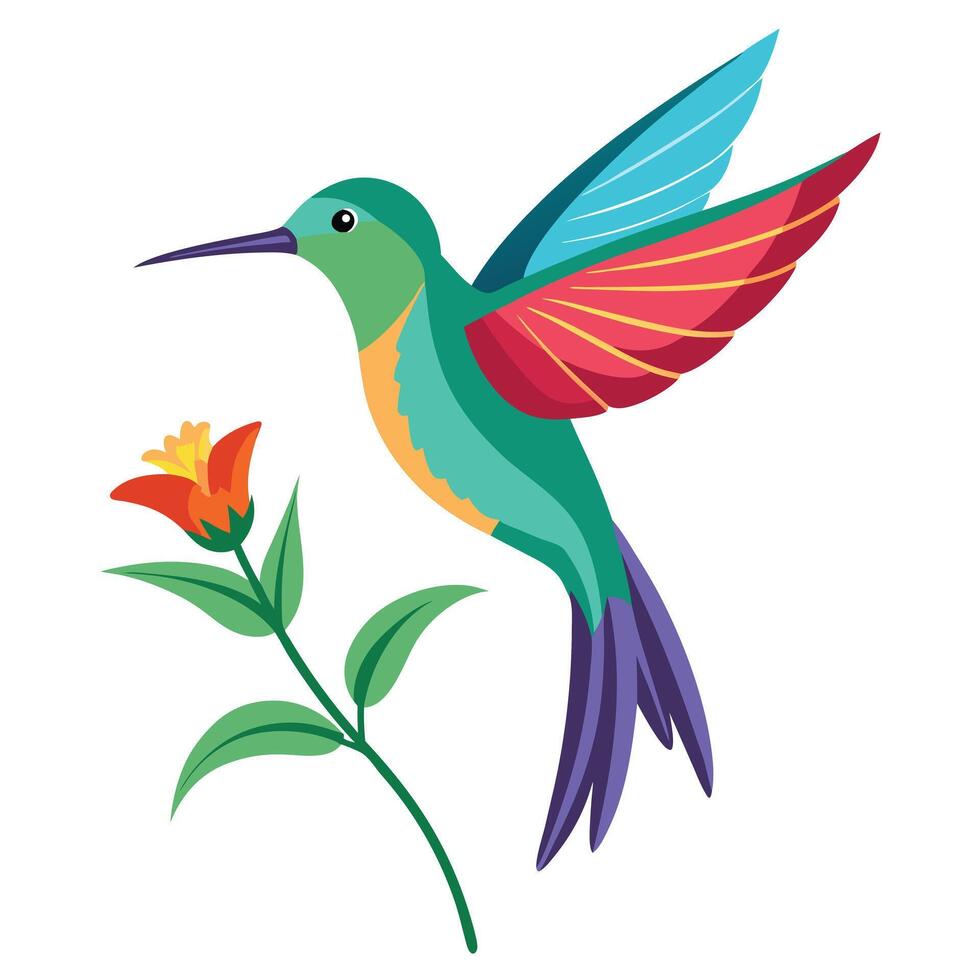 Energetic lively hummingbird flapping its wings rapidly while near a vibrant blossom vector