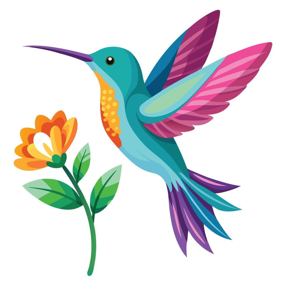 Active lively hummingbird suspended in mid-air by a bright flower with beating wings vector