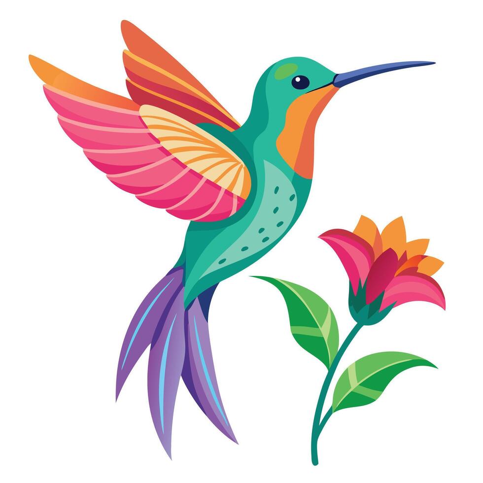 Vibrant lively hummingbird with iridescent feathers hovering close to a flower vector
