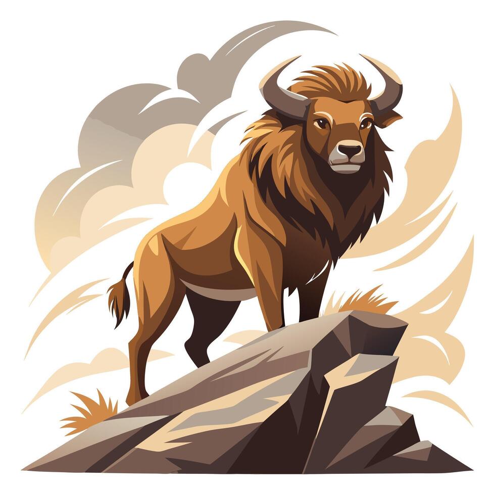 Majestic bison standing proudly on a rocky hill illustration vector