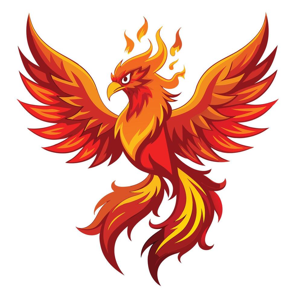 Mythical phoenix with flaming wings art illustration majestic vector