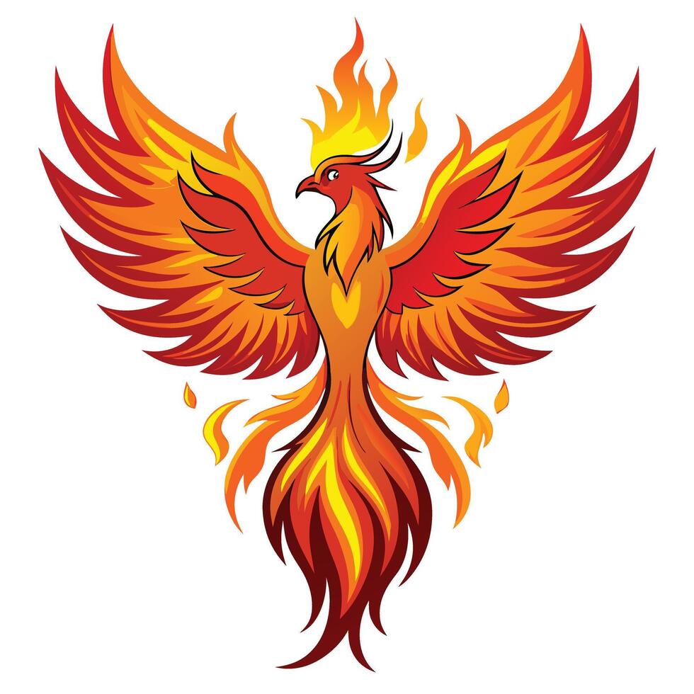 Majestic phoenix rising from flames with glowing feathers vector