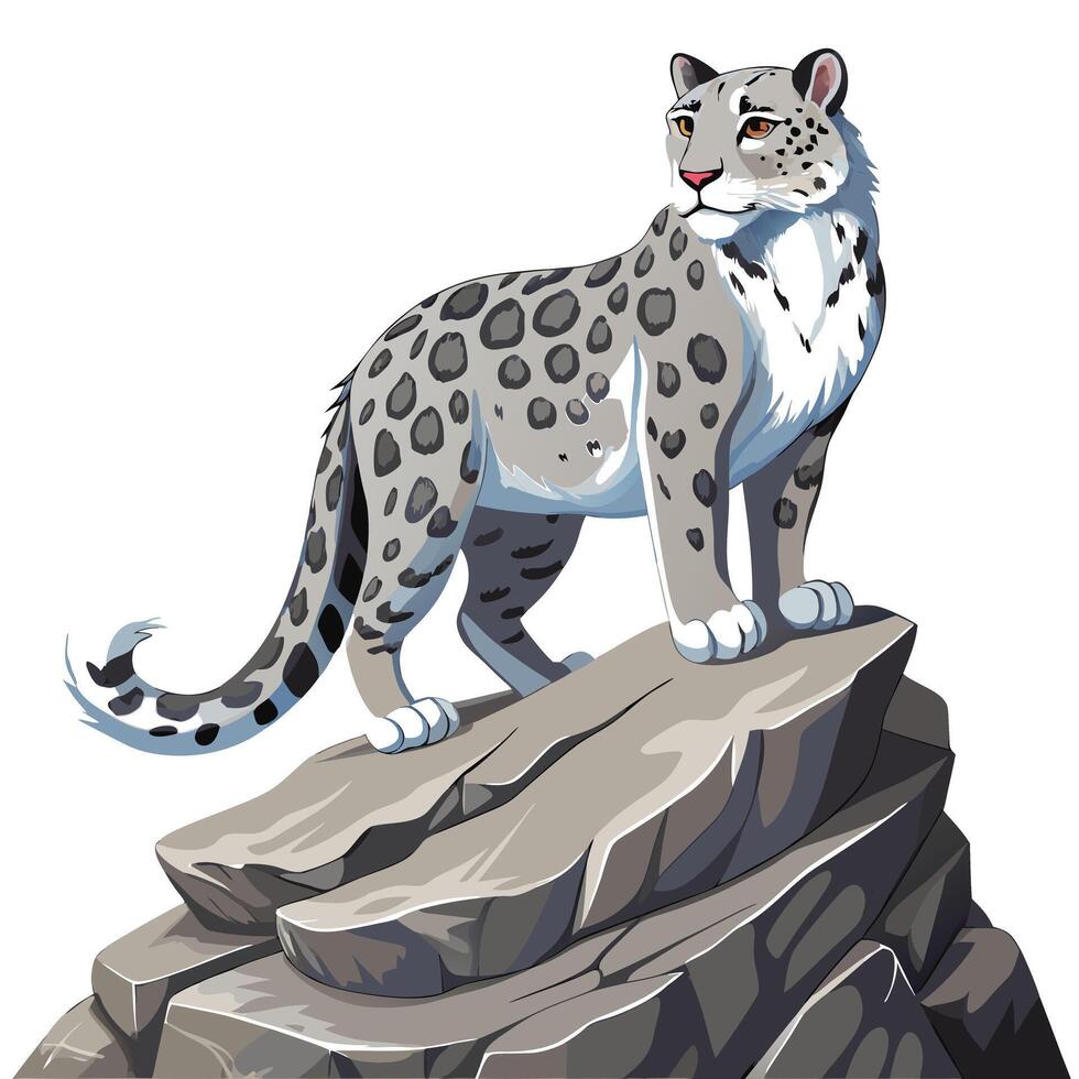 Regal snow leopard standing on a rocky precipice art illustration vector