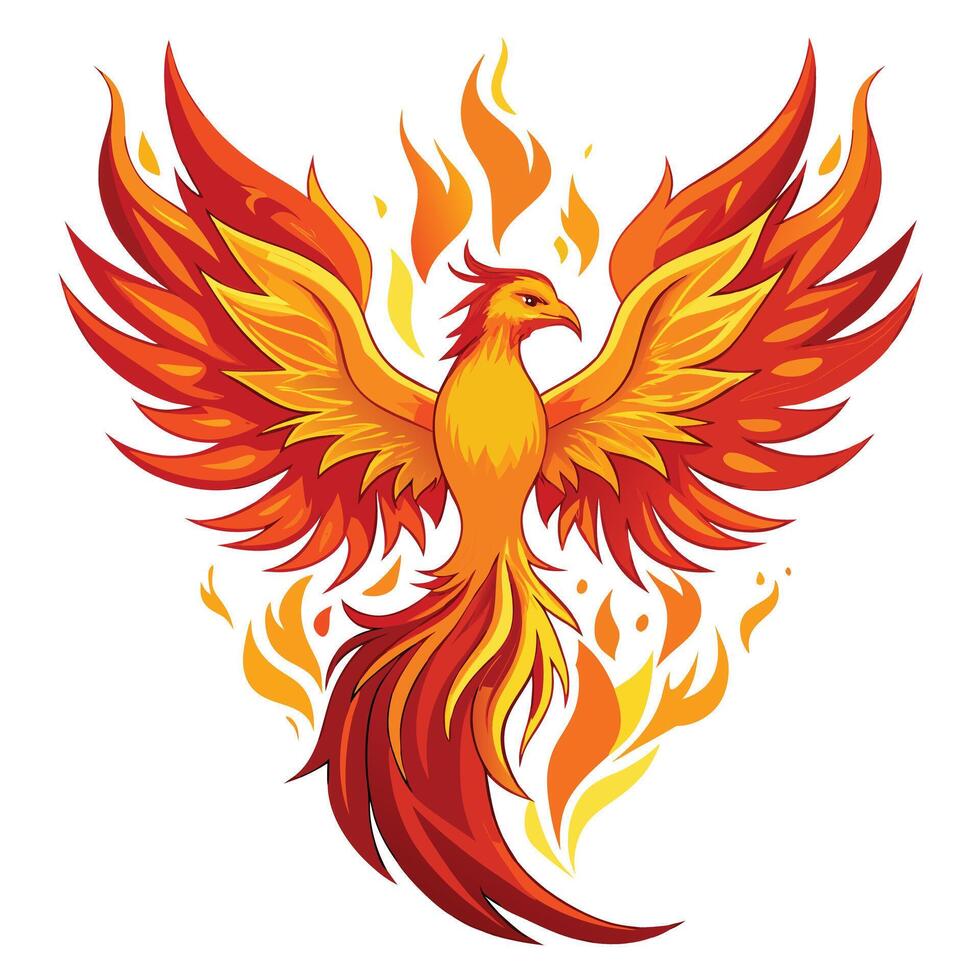 Legendary phoenix rising from fire with bright feathers illustration vector