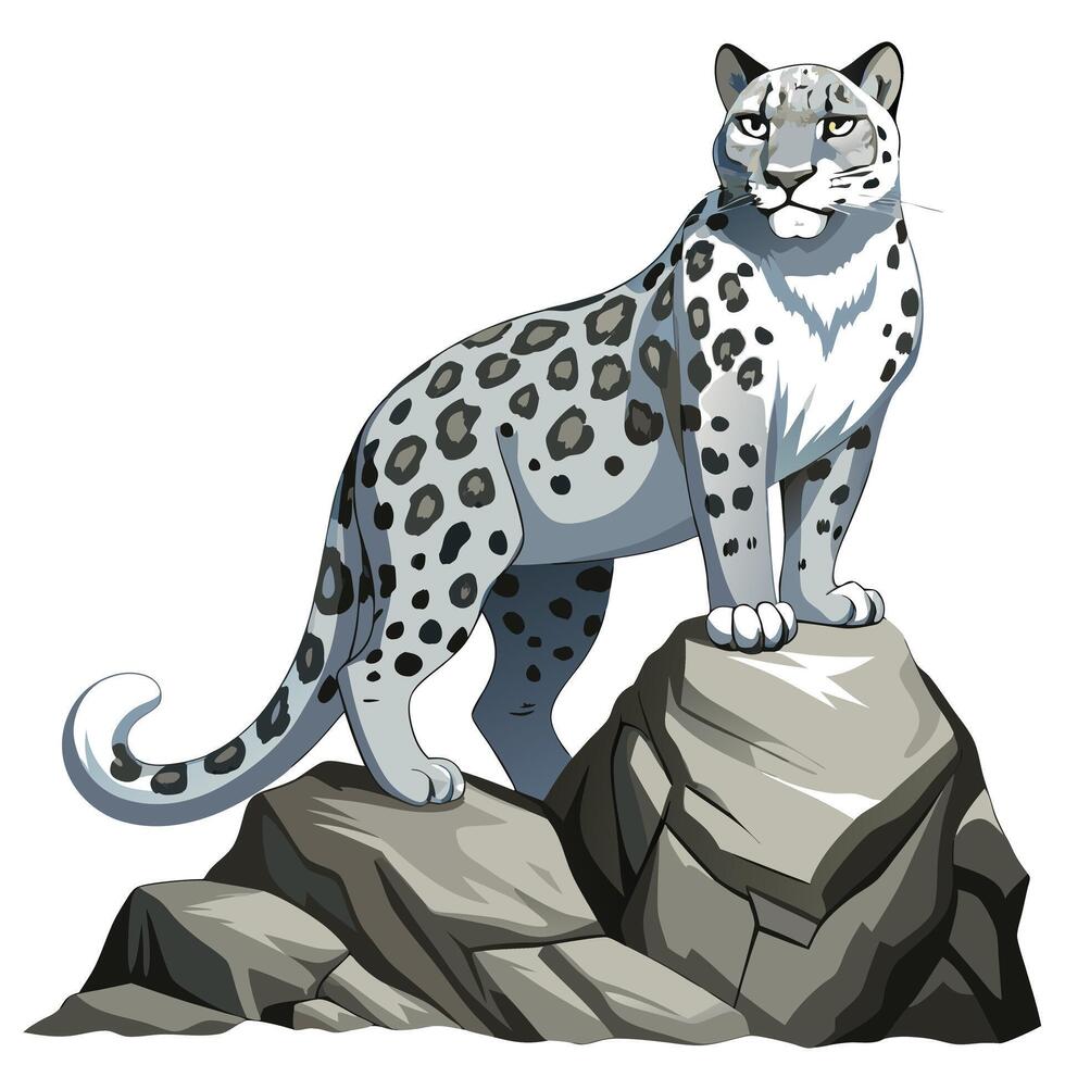 Majestic snow leopard standing on a rocky cliff illustration vector