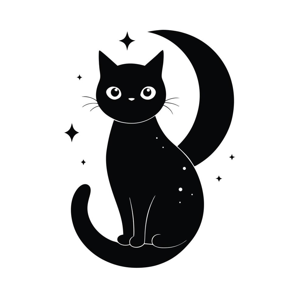Eerie minimalist black cat under a mysterious moon and twinkling stars vector