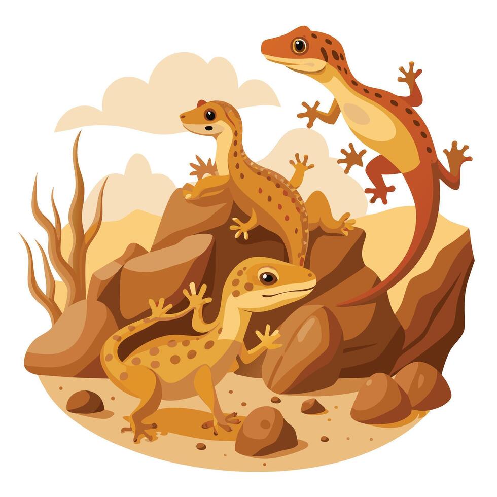 Eerie mysterious geckos climbing walls in a desolate desert setting at night vector