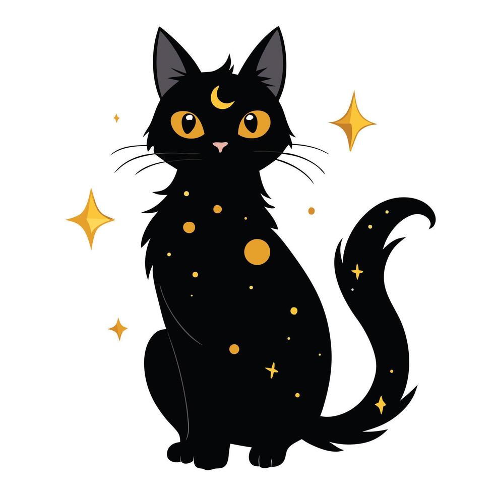 Enchanting mystical black cat with celestial moon and stars on its fur vector