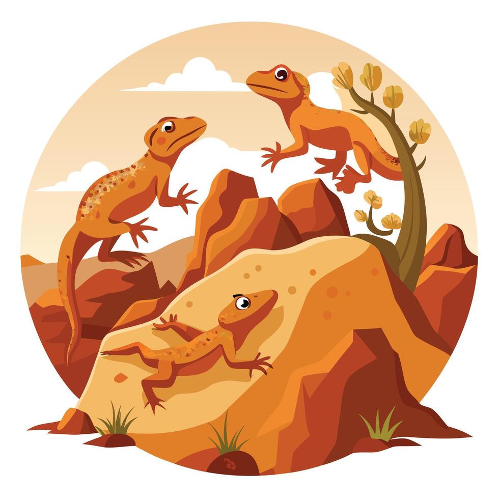 Dark mysterious geckos crawling on weathered walls in an arid desert scene vector