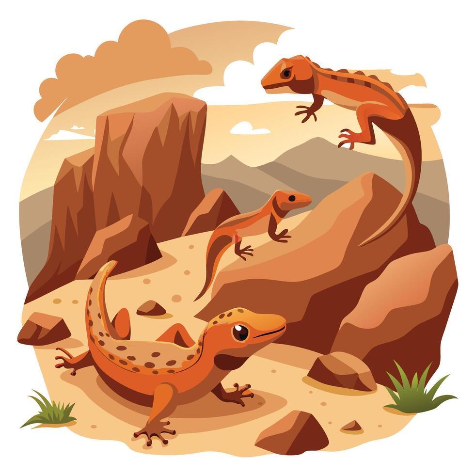 Shadowy mysterious geckos scaling ancient walls in a silent desert landscape vector