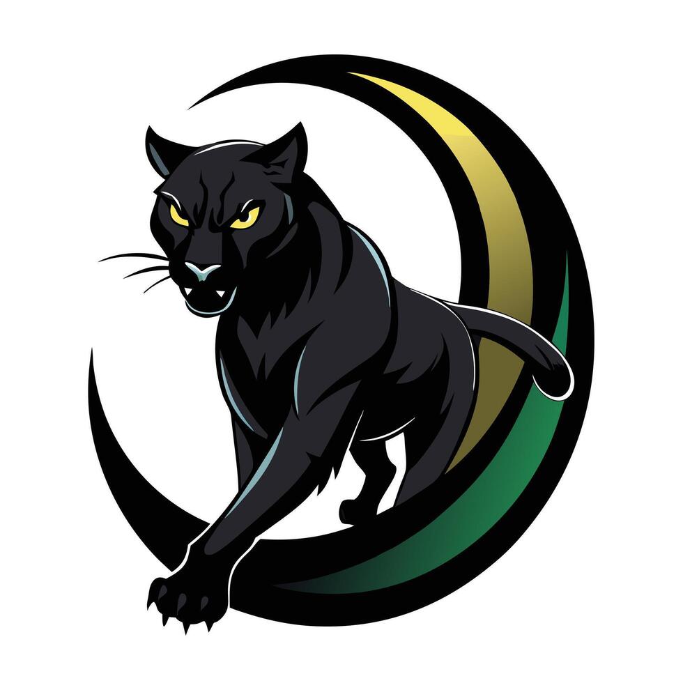 Mysterious mystical black panther materializing from a shadowy crescent moon in graphic vector