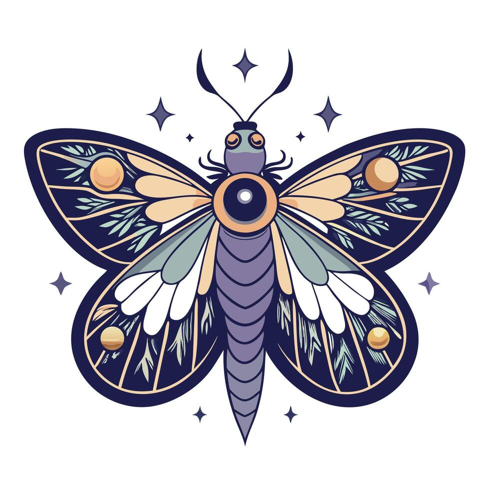 Magical mystical moth adorned with celestial moon and stars on its delicate wings vector