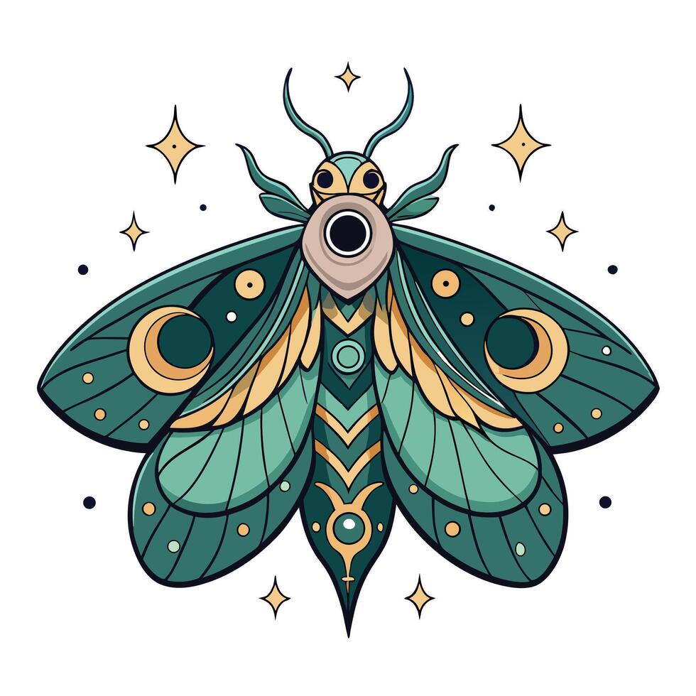 Mysterious mystical moth displaying celestial moon and stars on its intricate wings vector