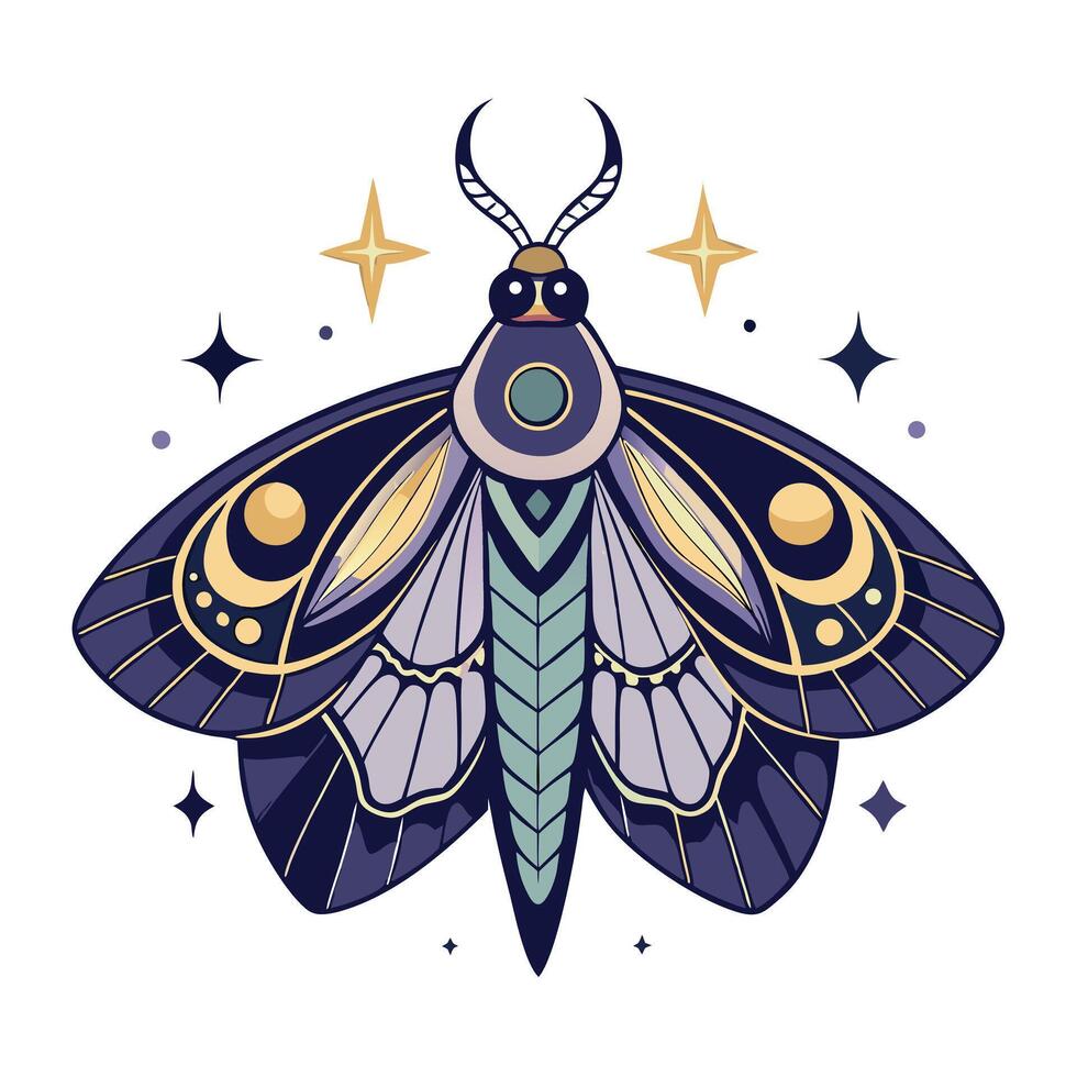 Dreamy mystical moth with celestial moon and stars elements on its wings vector
