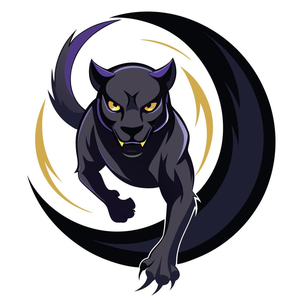 Ethereal mystical black panther emerging from a glowing crescent moon in vector