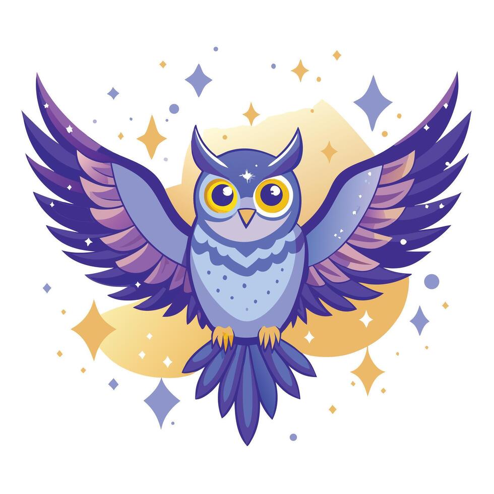 Mysterious mystical owl with outstretched wings amidst glowing floating particles vector