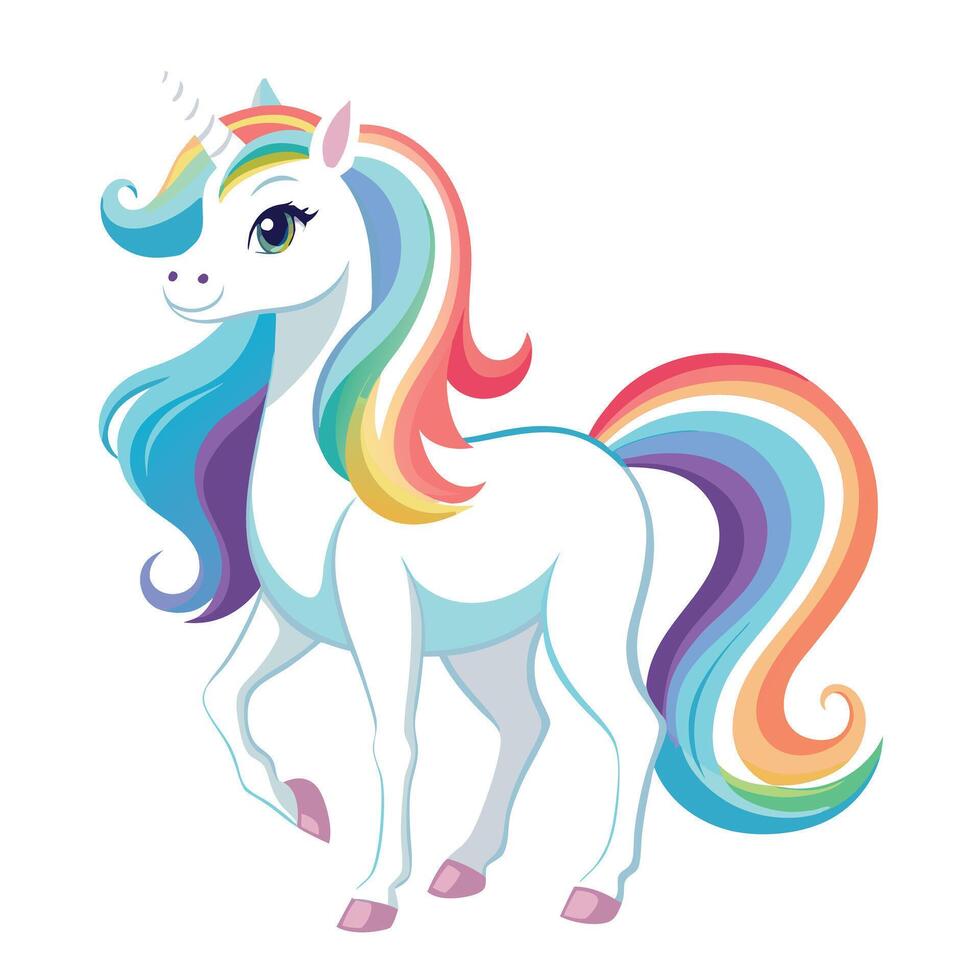 Ethereal mystical white unicorn with a radiant rainbow mane in illustration vector