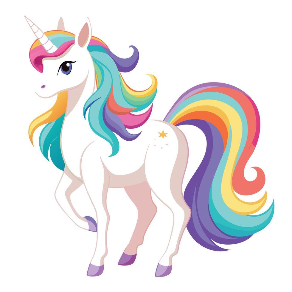 Magical mystical white unicorn with a vibrant rainbow mane in a design vector