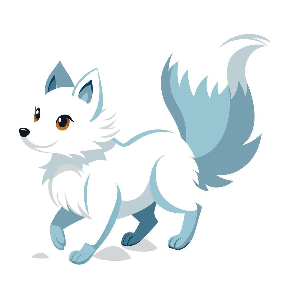 Cute white fox with a bushy tail running in the snow art vector