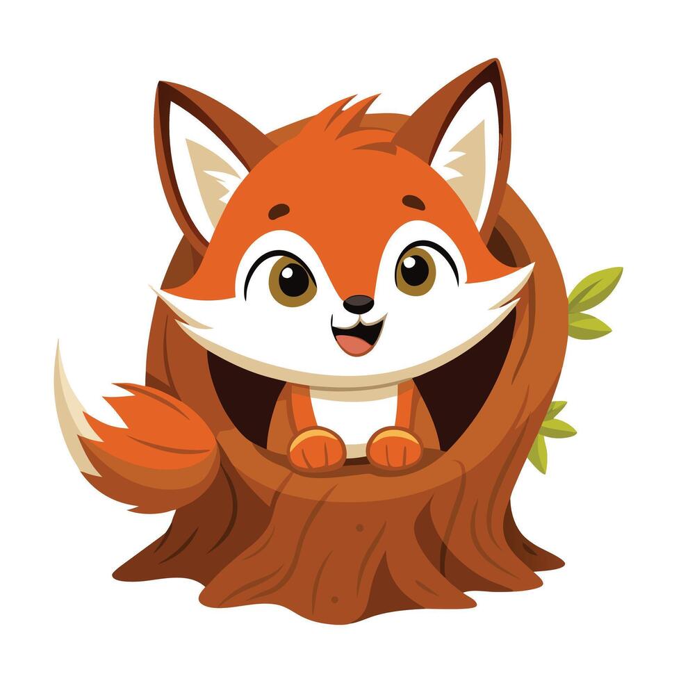 Cute fox cub peeking out from a hollow log illustration art vector