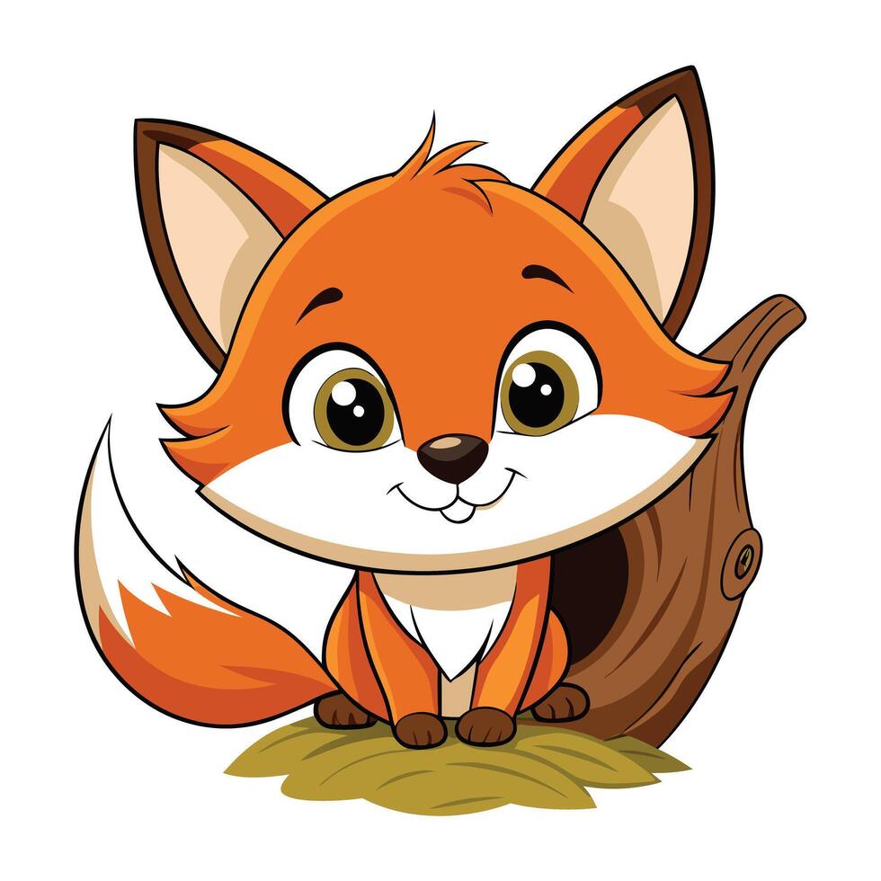 Playful baby fox poking its head out of a hollow tree vector