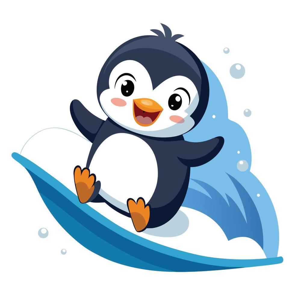 Playful baby penguin sliding down an ice slope with joy vector