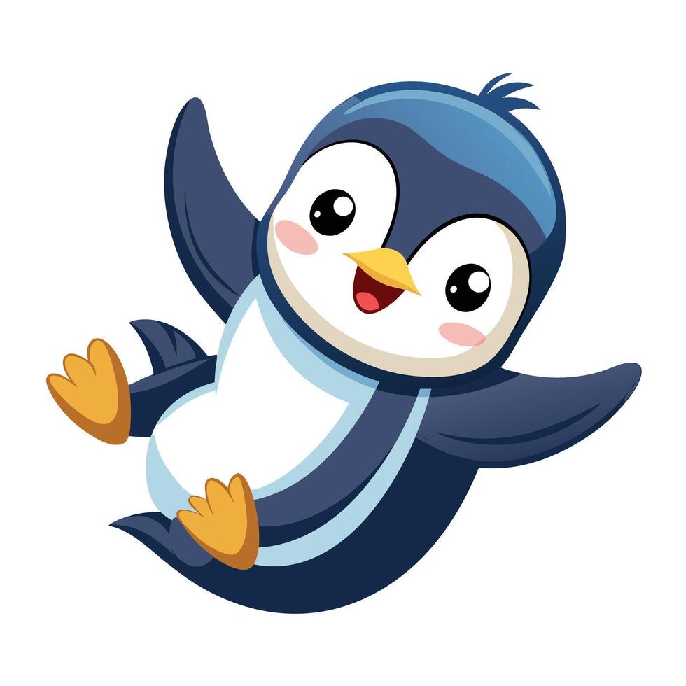 Happy baby penguin sliding on ice with its wings out art illustration vector