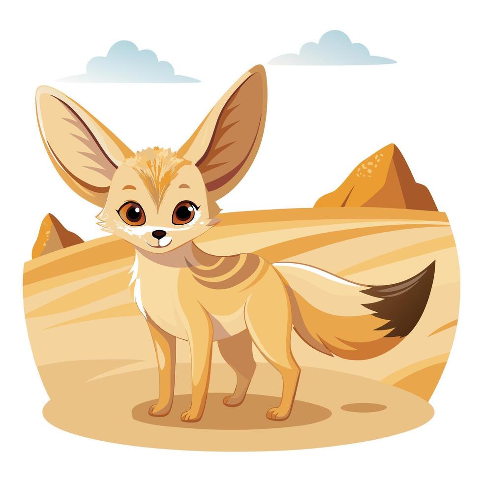 Happy fennec fox with large ears standing in a desert landscape illustration vector