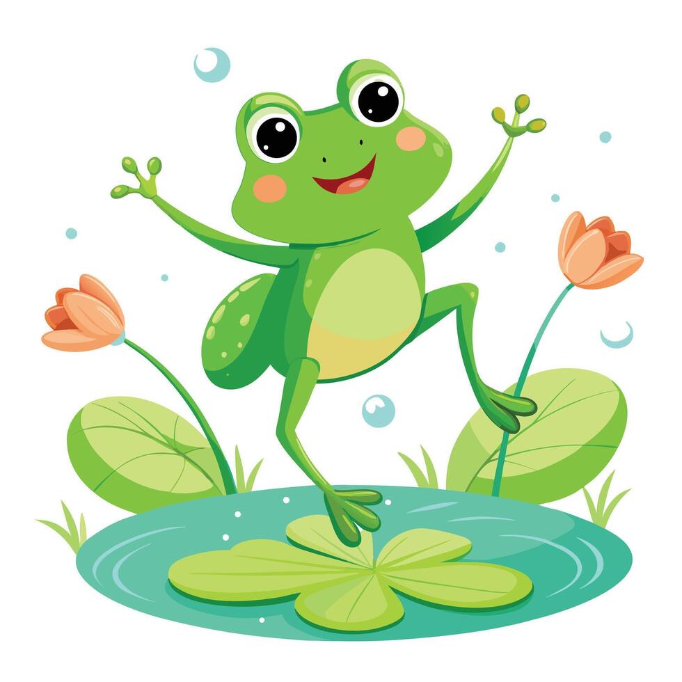 Cute frog jumping between lily pads illustration art vector