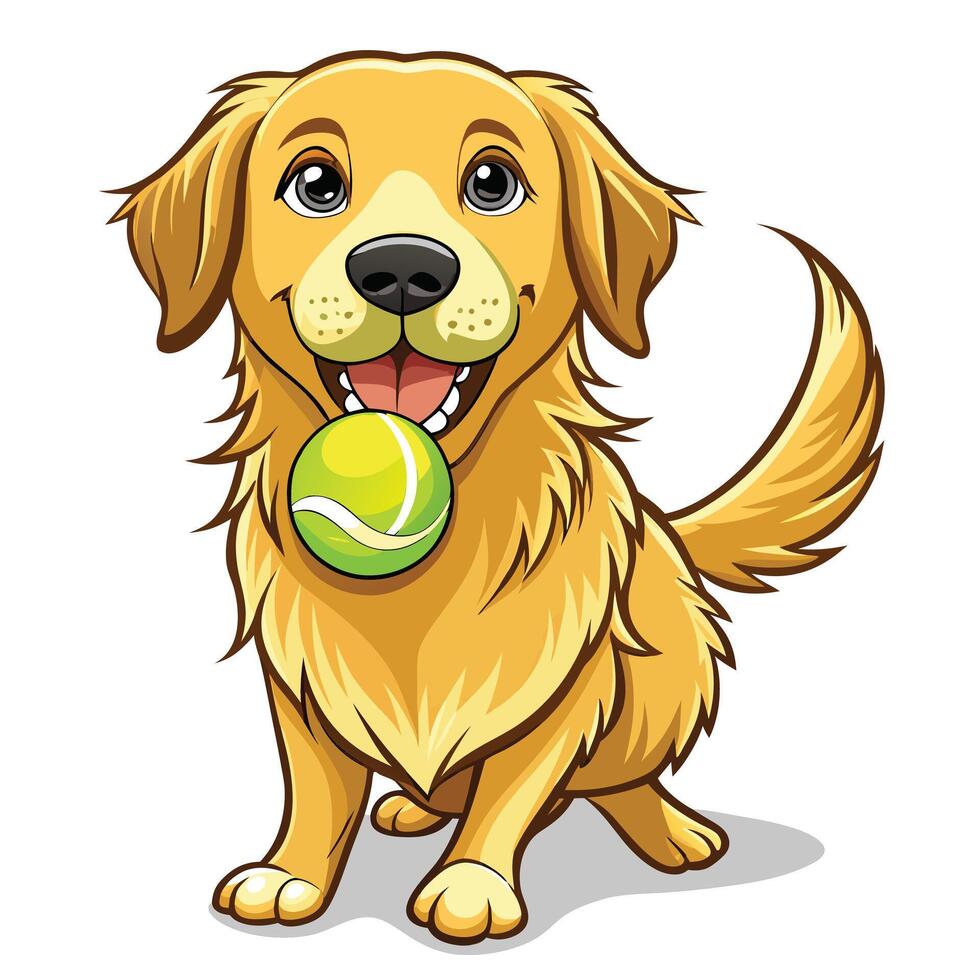 Cheerful playful golden retriever with a tennis ball in its mouth in graphic vector