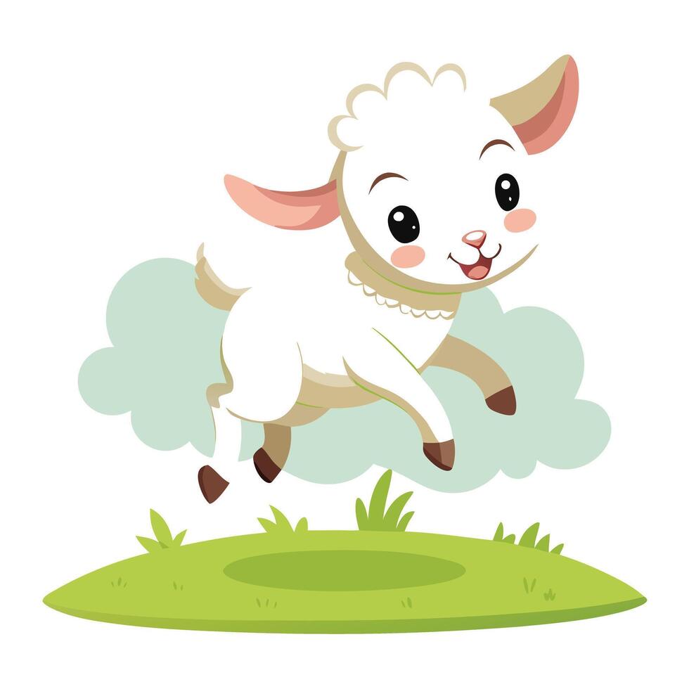 Joyful playful lamb jumping high in a green pasture with a big happy smile vector
